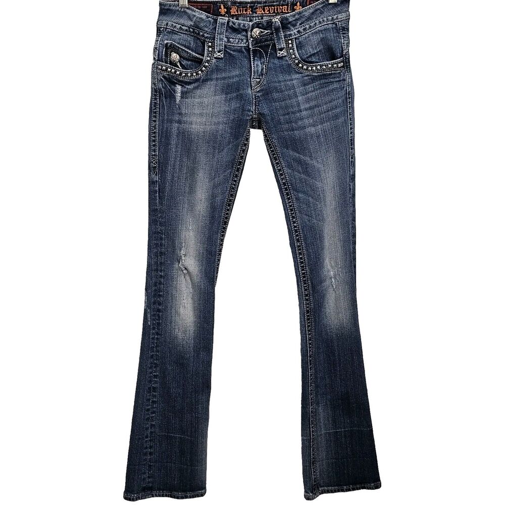 Rock Revival Women's Skinny Jeans in Distressed Dark Blue Wash